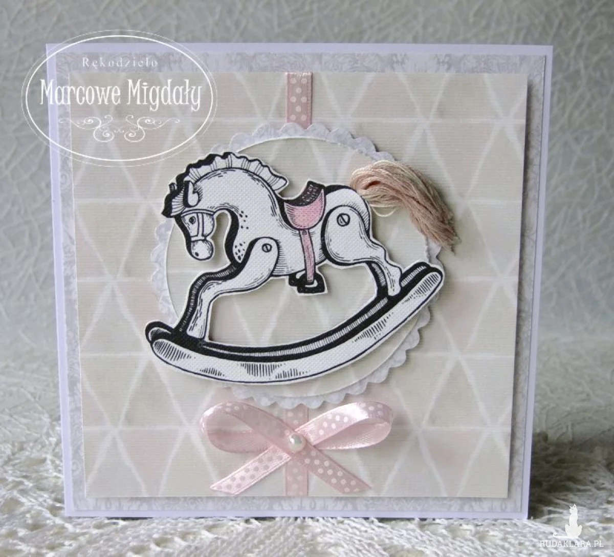 Kartka na roczek, chrzest, narodziny z konikiem, różowa