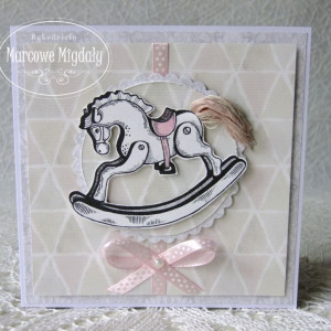 Kartka na roczek, chrzest, narodziny z konikiem, różowa