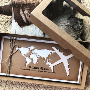 108, KARTKA NA ŚLUB W SZCZĘŚLIWĄ PODRÓŻ w stylu eco /rustykalnym