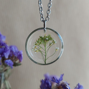 Srebrna okrągła zawieszka srebrny wisiorek drzewo drzewko kwiat naszyjnik żywica z żywicy suszone kwiaty z kwiatami naturalne żywe