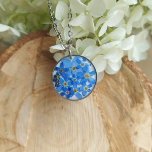 Srebrna okrągła zawieszka srebrny wisiorek kwiat naszyjnik żywica z żywicy suszone kwiaty z kwiatami naturalne żywe niezapominajki niezapominajka niezapominajkami