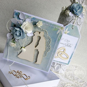 Komplet ślubny niebieski, kartka i torebka na alkohol