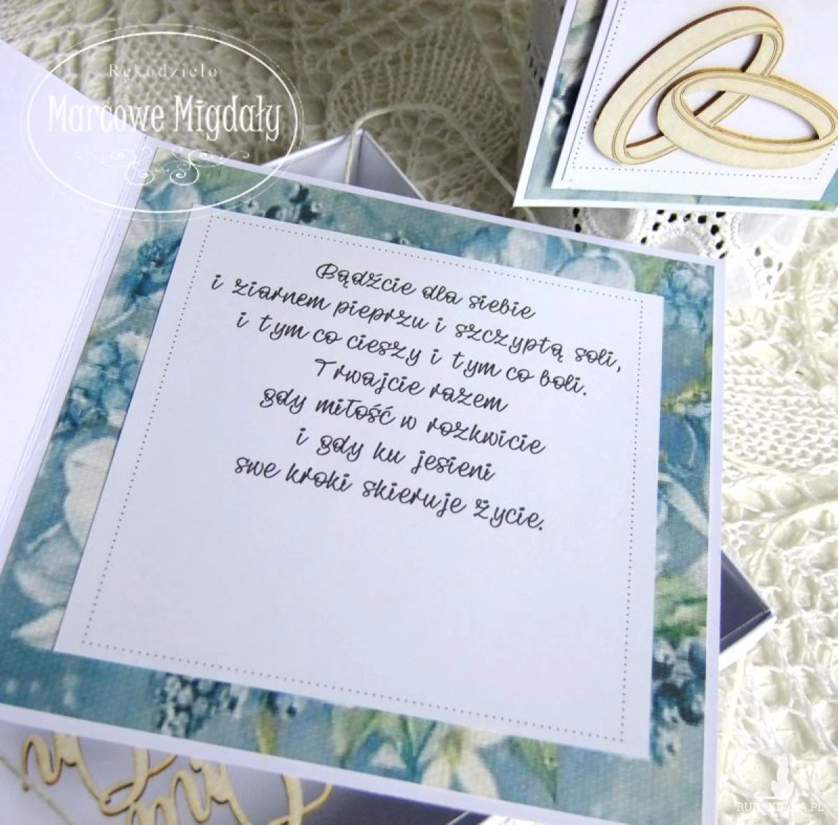 Komplet ślubny niebieski, kartka i torebka na alkohol