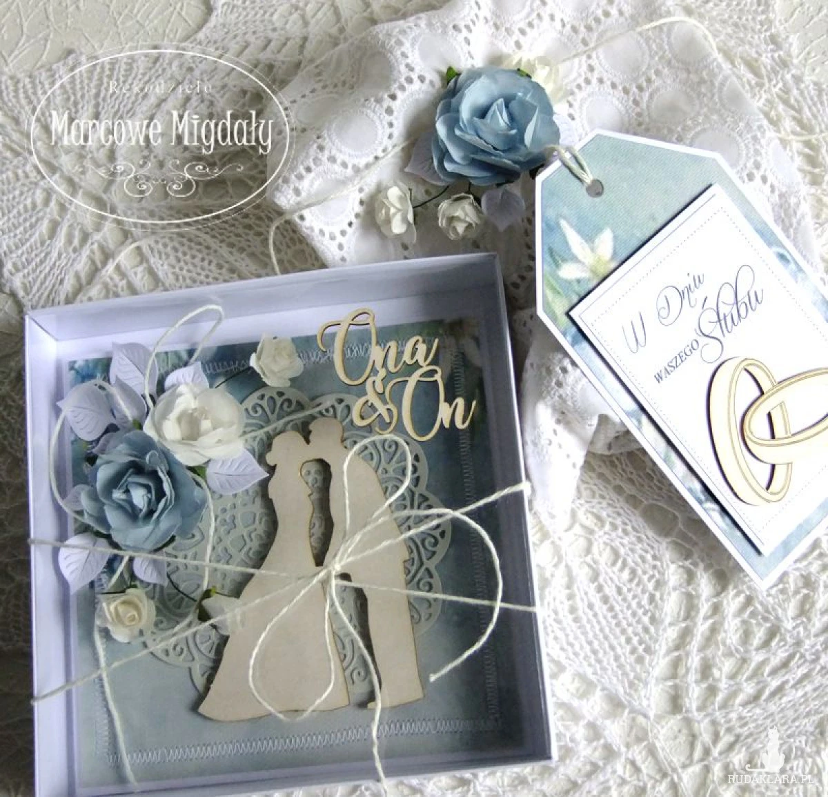 Komplet ślubny niebieski, kartka i torebka na alkohol