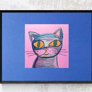 mały obrazek z kotem, oryginalny rysunek z kotkiem, bajkowy obrazek A4, kot dekoracja na ścianę