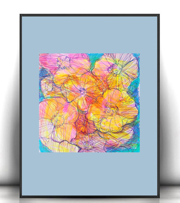 A4 rysunek z kwiatami, kwiatki obrazek, łąka rysunek, boho dekoracja do domu, abstrakcja rysunek 21x30