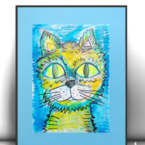 rysunek z kotem, kot obraz na ścianę, kotek dekoracja, grafika z kotem, obrazek do dziecięcego pokoju, śmieszny rysunek kota