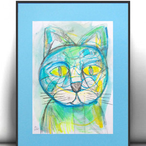 oryginalny  rysunek z kotem, kot obraz na ścianę, kolorowa grafika z kotem