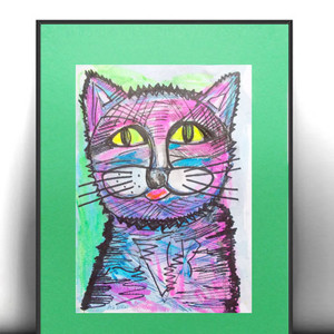 rysunek z kotem, malowany ręcznie obraz z kotem, kot grafika na ścianę