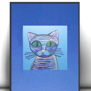 granatowy obrazek z kotem, kot plakat A4, kot grafika na ścianę, rysunek z kotem