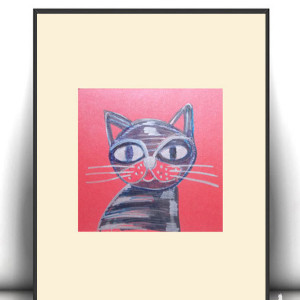 mały rysunek z kotem, kot grafika do pokoju, obrazek z kotkiem, kot plakat A4, kot dekoracja na ścianę