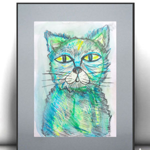 obraz z kotem, oryginalny rysunek z kotem, kot grafika do pokoju, kot dekoracja na ścianę