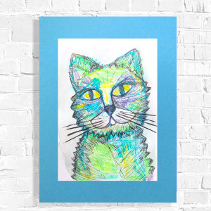 obraz z kotem, kot rysunek do domu, kot dekoracja na ścianę, ręcznie malowany obrazek 30x40