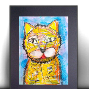 kolorowy rysunek z kotem, kot obraz, grafika z tygryskiem, tygrysek rysunek na ścianę, bajkowy obraz 30x40, tygrys rysunek A3, obrazek z tygrysem, rysunek z tygryskiem, kolorowa akwarela z ko