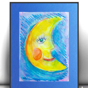 księżyc rysunek 30x40,  obraz z księżycem, księżyc dekoracja na ścianę, akwarela, bajkowy obrazek ręcznie malowany