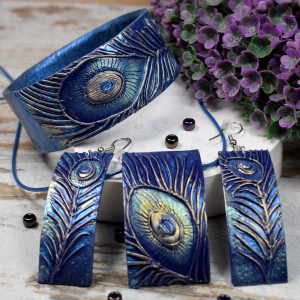 Pawie pióra - komplet biżuterii