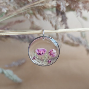 Srebrna zawieszka srebrny wisiorek naszyjnik żywica z żywicy kwiaty z kwiatami suszone prawdziwe kwiaty białe kwiaty z gipsówką transparentna delikatna