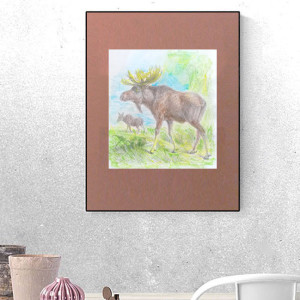 retro plakat A3, retro grafika na ścianę, 30x40 plakat z łosiem, zwierzęta plakat, vintage obraz 30x40, myśliwski obraz, skandynawski plakat A3, łoś plakat do domu, zwierzęta plakat vintage