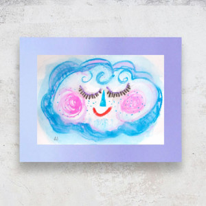 rysunek z chmurką, chmurka obrazek 30x40, bajkowa akwarela, dekoracja do pokoju dziewczynki, grafika do dziecięcego pokoju, chmurka rysunek A3