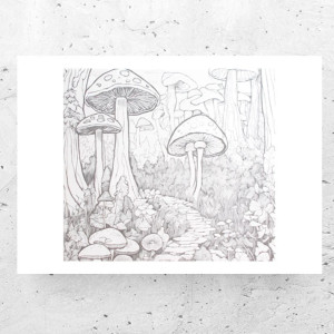 biało czarny plakat A4, czarno biały plakat z lasem, skandynawski plakat 21x30, grzyby plakat minimalizm, muchomory plakat boho, nowoczesne plakaty do domu, plakat z grzybami, las plakat