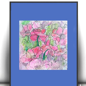 kwiaty rysunek A4, łąka obrazek 21x30, obrazek z kwiatami, ogród rysunek, boho dekoracja na ścianę, łąka obrazek A4