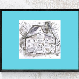 retro plakat A3, plakat z budynkie, niebiesko szary plakat 30x40, architektura plakat do domu, budynek obrazek na ścianę