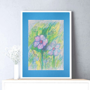 kwiaty rysunek 30 x40, boho dekoracja do domu, łąka obrazek, rysunek z dwoma kwiatkami, ślub prezent, komunia prezent, chrzest prezent