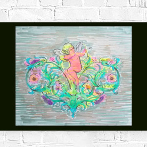 retro plakat A4, amorek obrazek 21x30, vintage obrazek z aniołkiem, retro obrazek do sypialni, kolorowy obrazek z amorem, vintage obrazek 21x30, amor plakat vintage