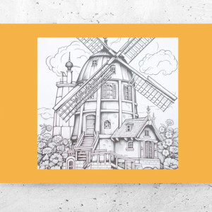 mały plakat z architekturą, Holandia obrazek A4, wiatrak plakat 21x30, plakat z wiatrakiem, holenderki plakat, plakat z pejzażem, budynek plakat A4, plakat do kuchni, Holandia plakat z młynem