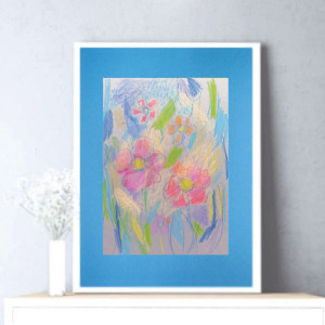 łąka rysunek 30x40, kwiaty obrazek A3, pastelowy rysunek na ścianę, obraz z kwiatkami