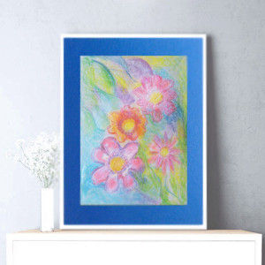 kwiaty obrazek 30x40, kolorowy rysunek z kwiatami, kwiatki obraz A3, ogród rysunek, łąka obraz na ścianę