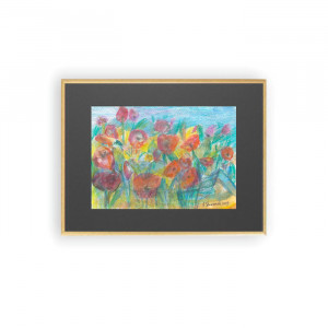 łąka rysunek w ramce, łąka obraz, oprawiony szkic z kwiatkami, kwiaty rysunek do domu, ślub prezent, prezent na ślub, prezent do domu, akwarela ręcznie malowany obraz