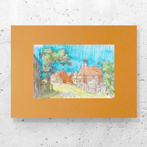 retro plakat A3, vintage obrazek 30x40, wiejski pejzaż plakat, wieś plakat, retro obrazek z krajobrazem, rustykalny obrazek do domu