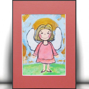 rysunek z aniołkiem, obrazek z aniołkiem, ręcznie malowany aniołek, anioł dekoracja do domu, aniołek do pokoju dziecka, chrzest prezent dla dziewczynki, komunia prezent