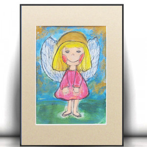rysunek z aniołkiem, obrazek z aniołkiem, ręcznie malowany aniołek, anioł dekoracja do domu, aniołek do pokoju dziecka