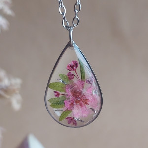 Srebrna łezka zawieszka srebrny wisiorek kwiat naszyjnik żywica z żywicy suszone kwiaty z kwiatami naturalne żywe kwiaty różowe róż