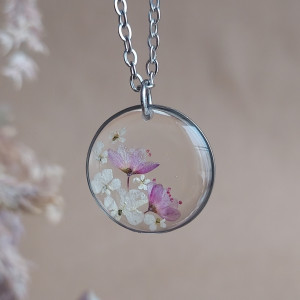 Srebrna zawieszka srebrny wisiorek wisior kwiat naszyjnik żywica z żywicy suszone kwiaty naturalny prezent różowe róż