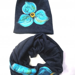 komplet wełniany granat wełna merynosy kwiaty