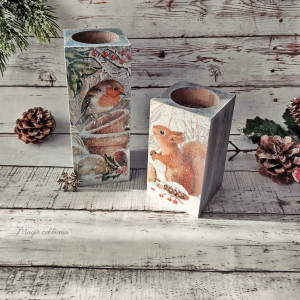 Komplet drewnianych świeczników 2szt. w zimowym klimacie