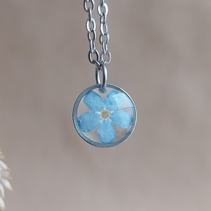 Srebrna zawieszka srebrny wisiorek niebieski kwiat naszyjnik żywica z żywicy suszone kwiaty z kwiatami naturalne żywe kwiaty mała niezapominajka niezapominajki z niezapominajką retro wisior
