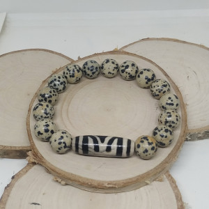 Męska bransoletka z Jaspis Dalmantyńskiego i agatu tybetańskiego Dzi