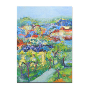 obraz olejny na płótnie, pejzaż obraz ręcznie malowany, nowoczesny obraz do domu, kolorowy obraz z pejzażem, miasto obraz na ścianę