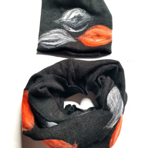 komplet wełniany czarny wełna merynosy kwiaty