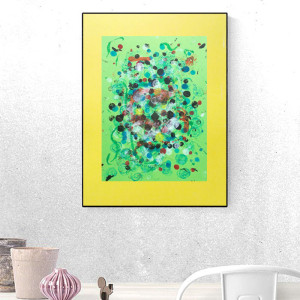 zółto zielona dekoracja na ścianę, abstrakcja rysunek 30x40, minimalistyczna grafika A3, abstrakcyjny obrazek do loftu, minimalizm rysunek malowany ręcznie