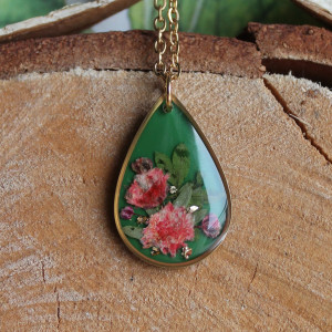 Złota łezka łza zawieszka złoty wisiorek kwiat naszyjnik żywica z żywicy suszone kwiaty z kwiatami naturalne żywe kwiaty pomarańczowe zielona butelkowa zieleń zgniła