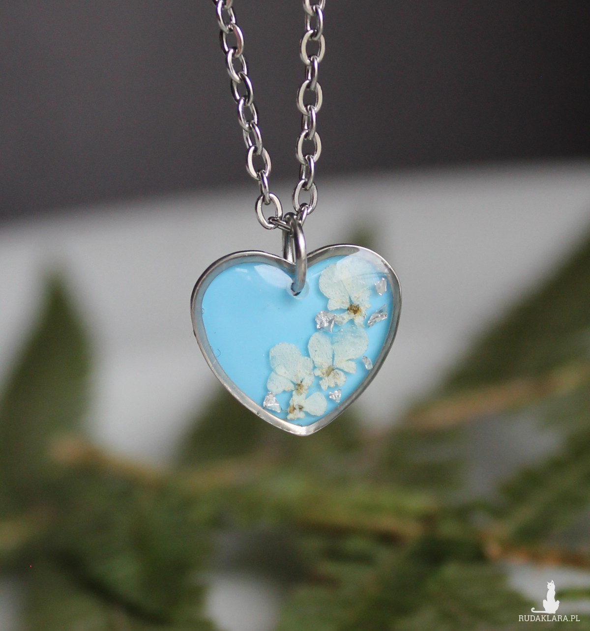 Srebrna zawieszka srebrny wisiorek niebieskie kwiat naszyjnik żywica z żywicy kwiatami serce serduszko