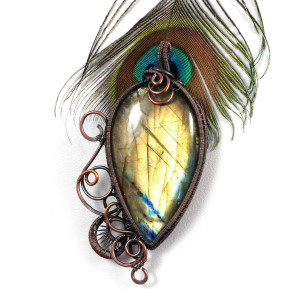 Labradoryt, miedziany wisior z pomarańczowym  labradorytem, ręcznie wykonany, prezent dla niej, prezent dla mamy, prezent urodzinowy, handmade, wire wrapped