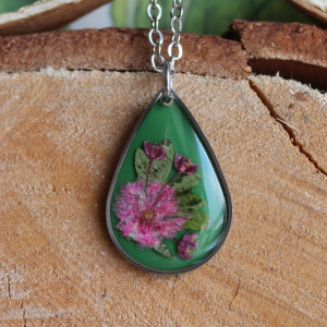 Srebrna łezka zawieszka srebrny wisiorek kwiat naszyjnik żywica z żywicy suszone kwiaty z kwiatami naturalne żywe kwiaty różowe róż zielona