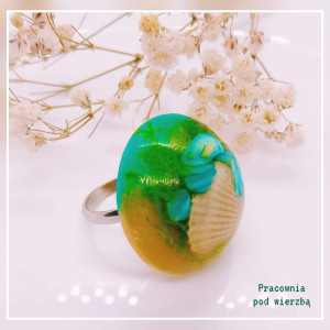 Duży pierścionek pierścień morskie skarby muszelka mech żywicy stal regulacja