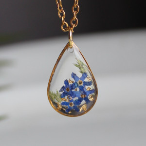 Złota łezka zawieszka złoty wisiorek kwiat naszyjnik żywica z żywicy suszone kwiaty z kwiatami naturalne żywe kwiaty niezapominajki niezapominajkami